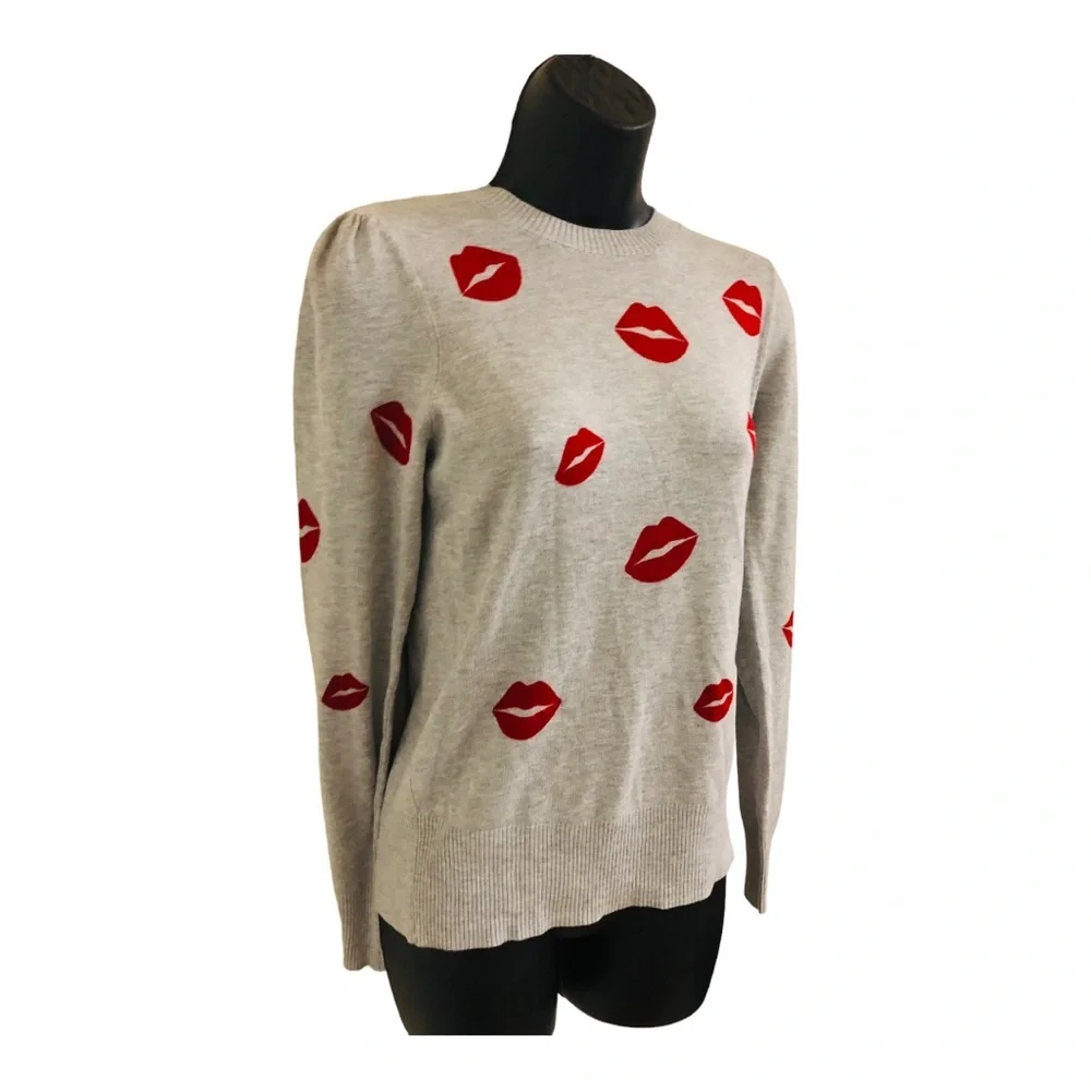 Grey red lipstick femme lips crewneck long sleeve knit sweater size XS brand new